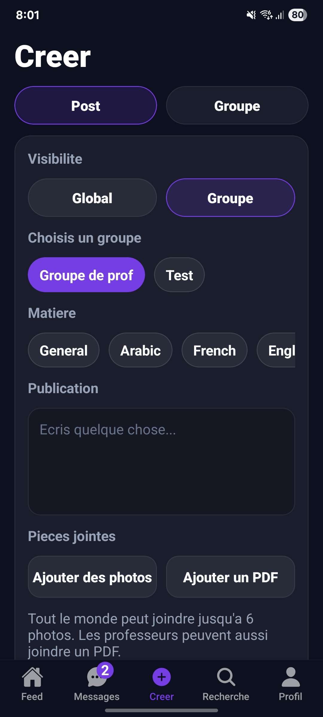 Classti - création de publication dans un groupe